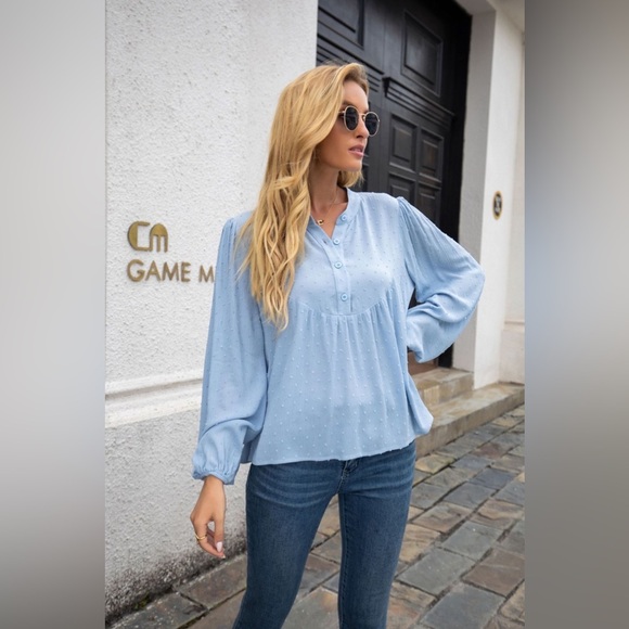 Swiss Dot Half-Button Balloon Sleeve Blouse Pastel Blue - Picture 1 of 5